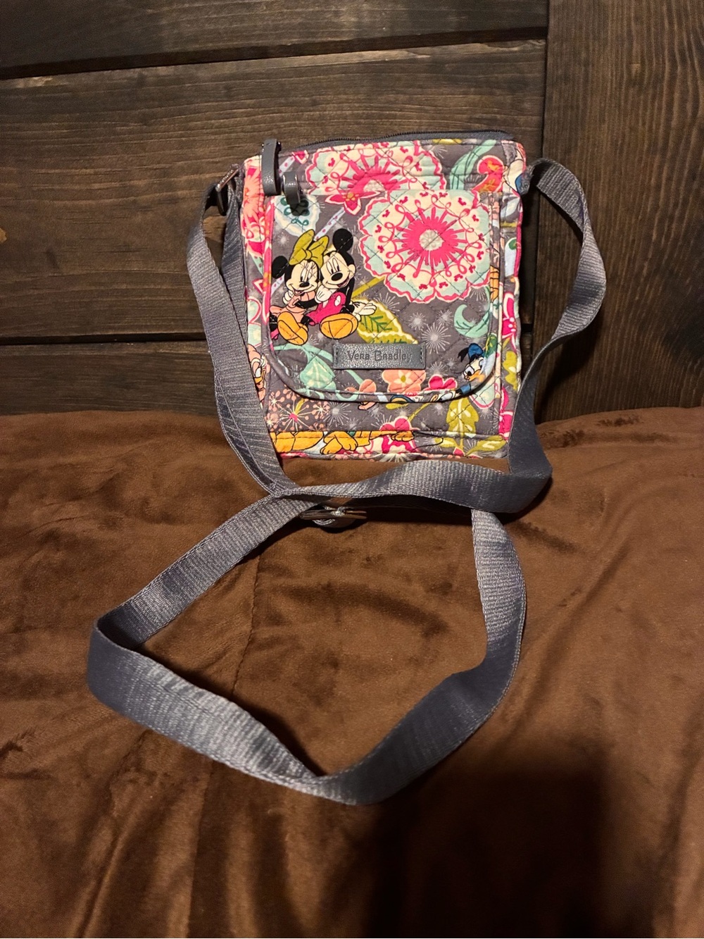 Vera Bradley Gray Floral Disney Crossbody with Pink & Yellow Accents